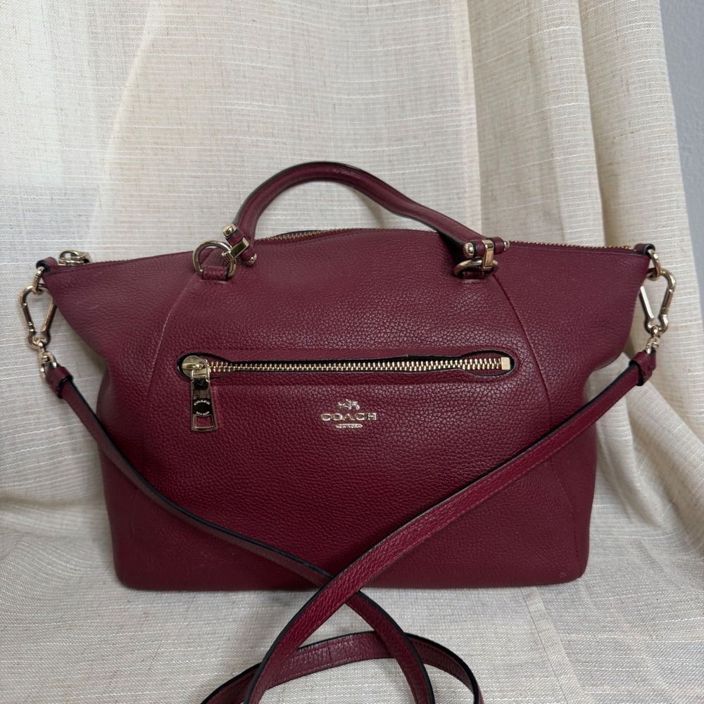 Coach Prairie Satchel Pebbled Leather Crossbody Purse Burgundy Red Gold Maroon